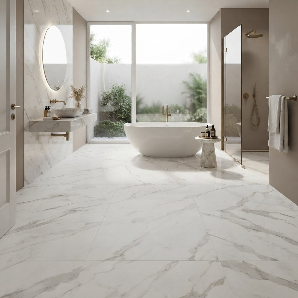 Carrara White Marble Effect Polished Porcelain 60x60cm