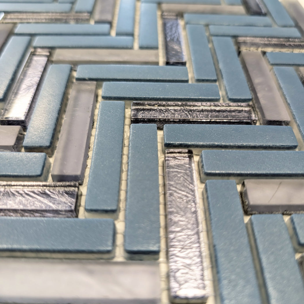 Kensington Blue Herringbone Glass Mosaic 30x30cm