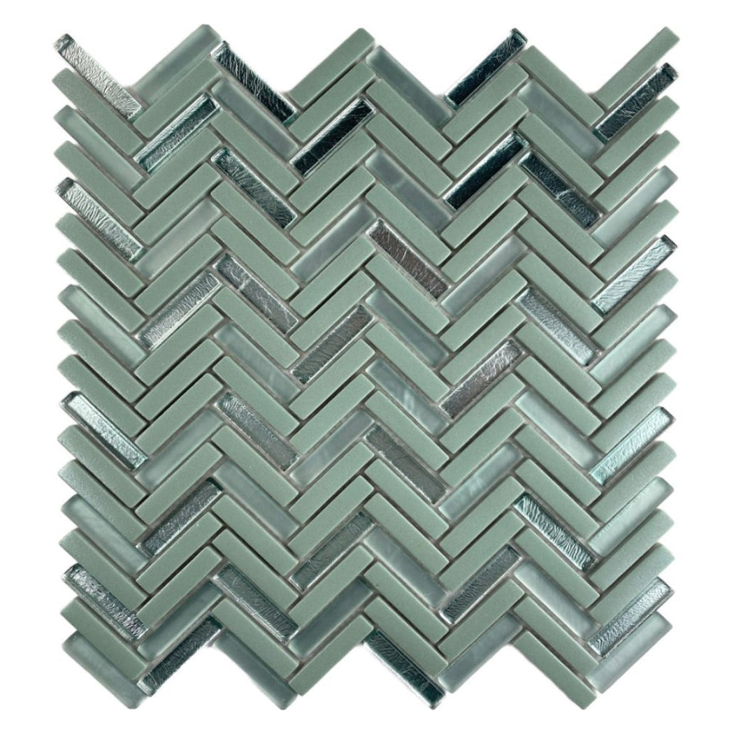 Kensington Green Herringbone Glass Mosaic 30x30cm