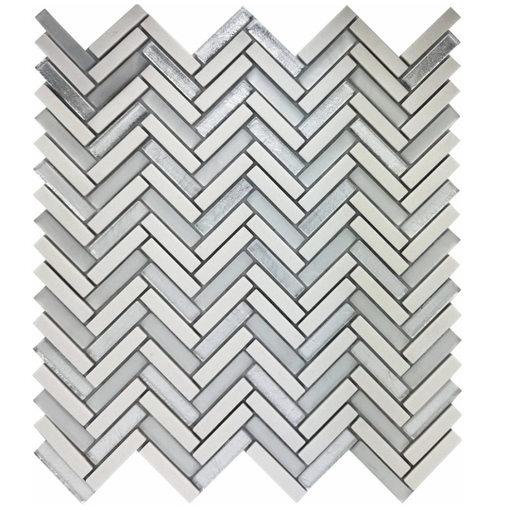 Kensington White Herringbone Glass Mosaic 30x30cm