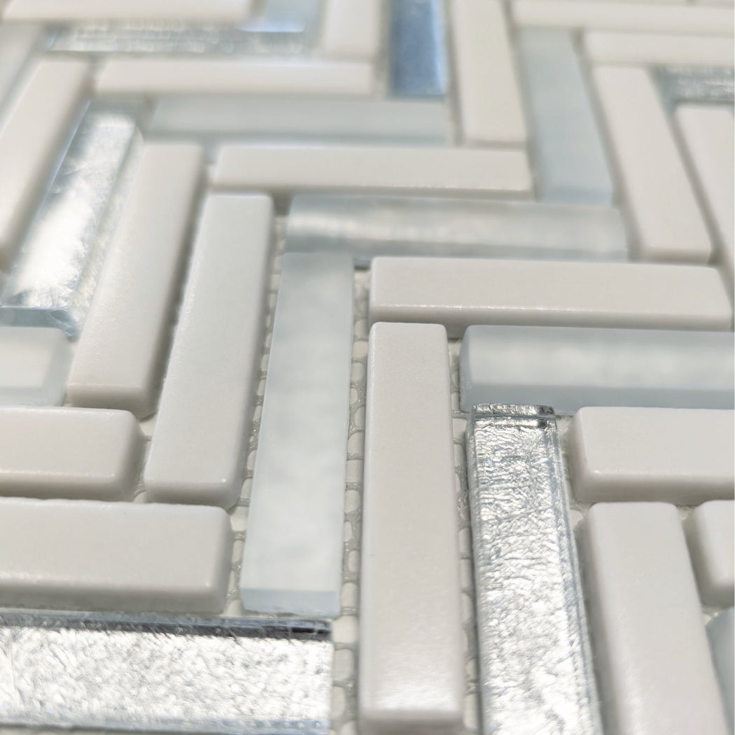 Kensington White Herringbone Glass Mosaic 30x30cm