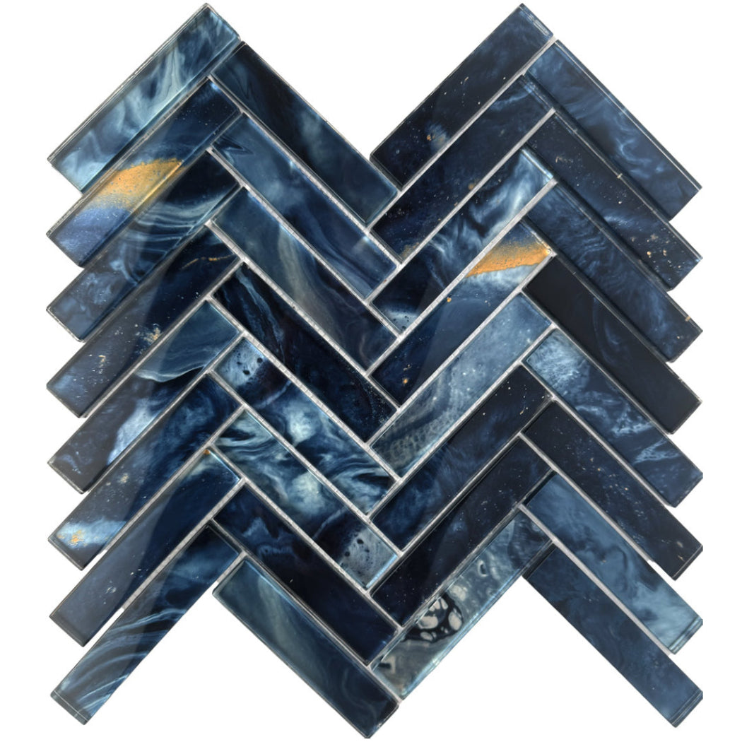 Nebula Indigo Glass Herringbone Mosaic 28.8x30cm