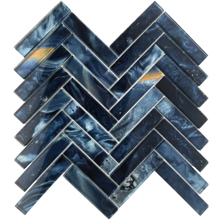 Nebula Indigo Glass Herringbone Mosaic 28.8x30cm