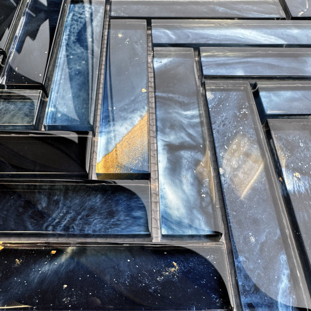 Nebula Indigo Glass Herringbone Mosaic 28.8x30cm
