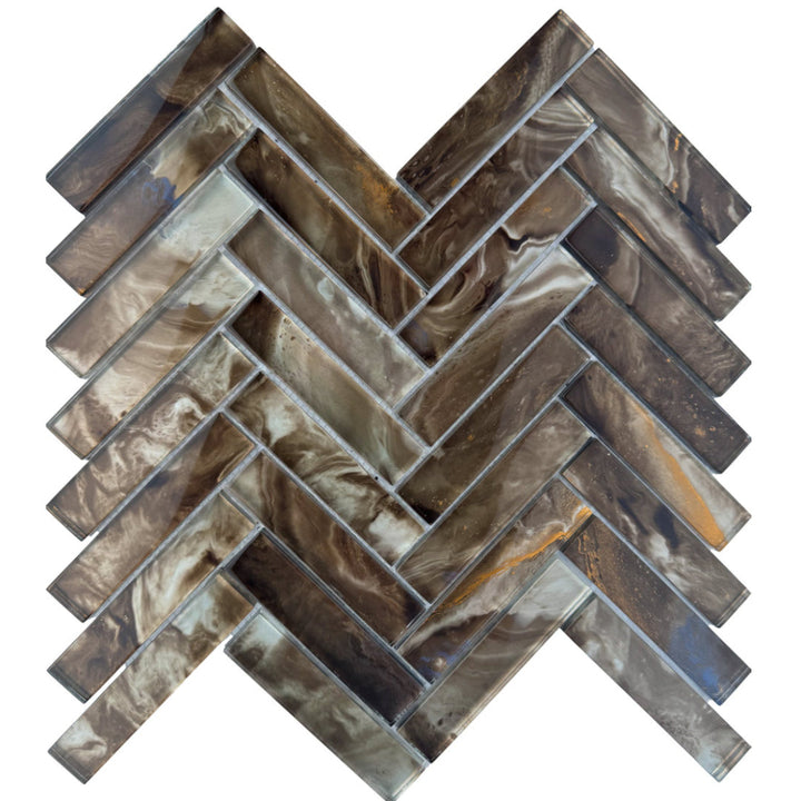 Nebula Marron Glass Herringbone Mosaic 28.8x30cm