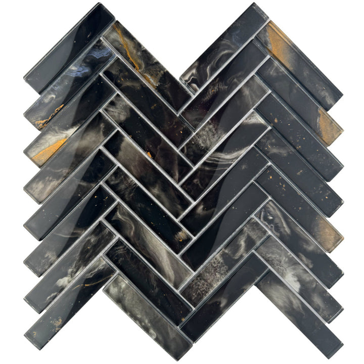 Nebula Noir Glass Herringbone Mosaic 28.8x30cm